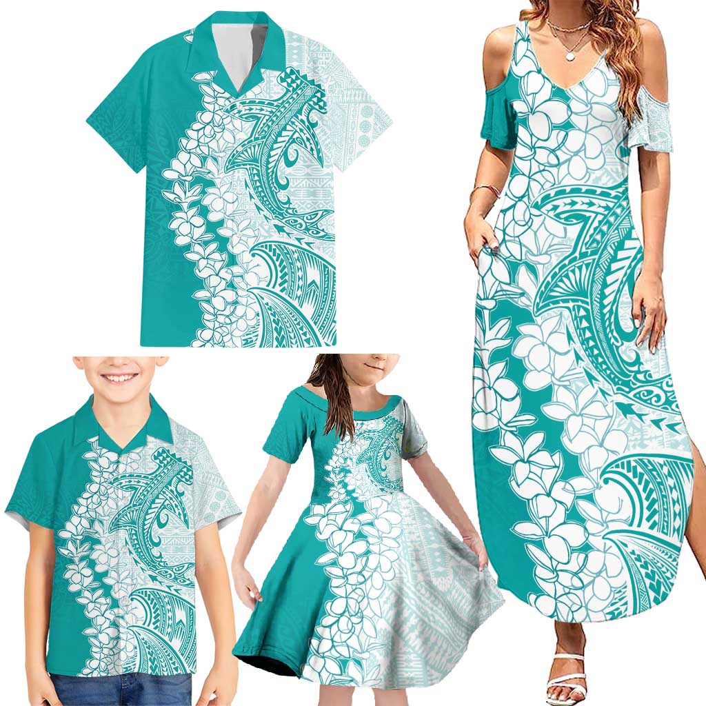 Polynesian Teal Plumeria Lei Family Matching Summer Maxi Dress and Hawaiian Shirt with Hammerhead Shark