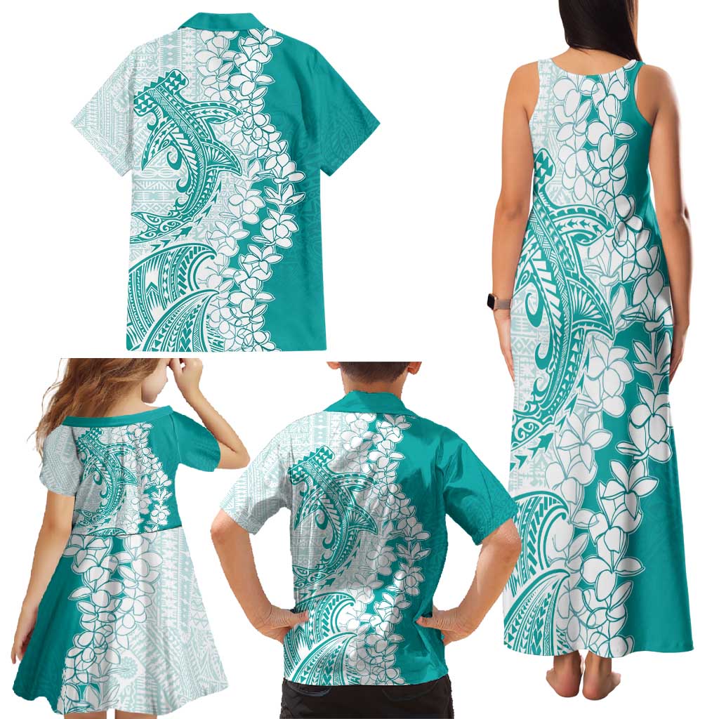 Polynesian Teal Plumeria Lei Family Matching Tank Maxi Dress and Hawaiian Shirt with Hammerhead Shark