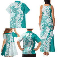 Polynesian Teal Plumeria Lei Family Matching Tank Maxi Dress and Hawaiian Shirt with Hammerhead Shark