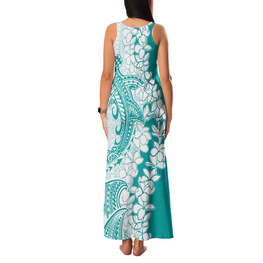 Polynesian Teal Plumeria Lei Family Matching Tank Maxi Dress and Hawaiian Shirt with Hammerhead Shark