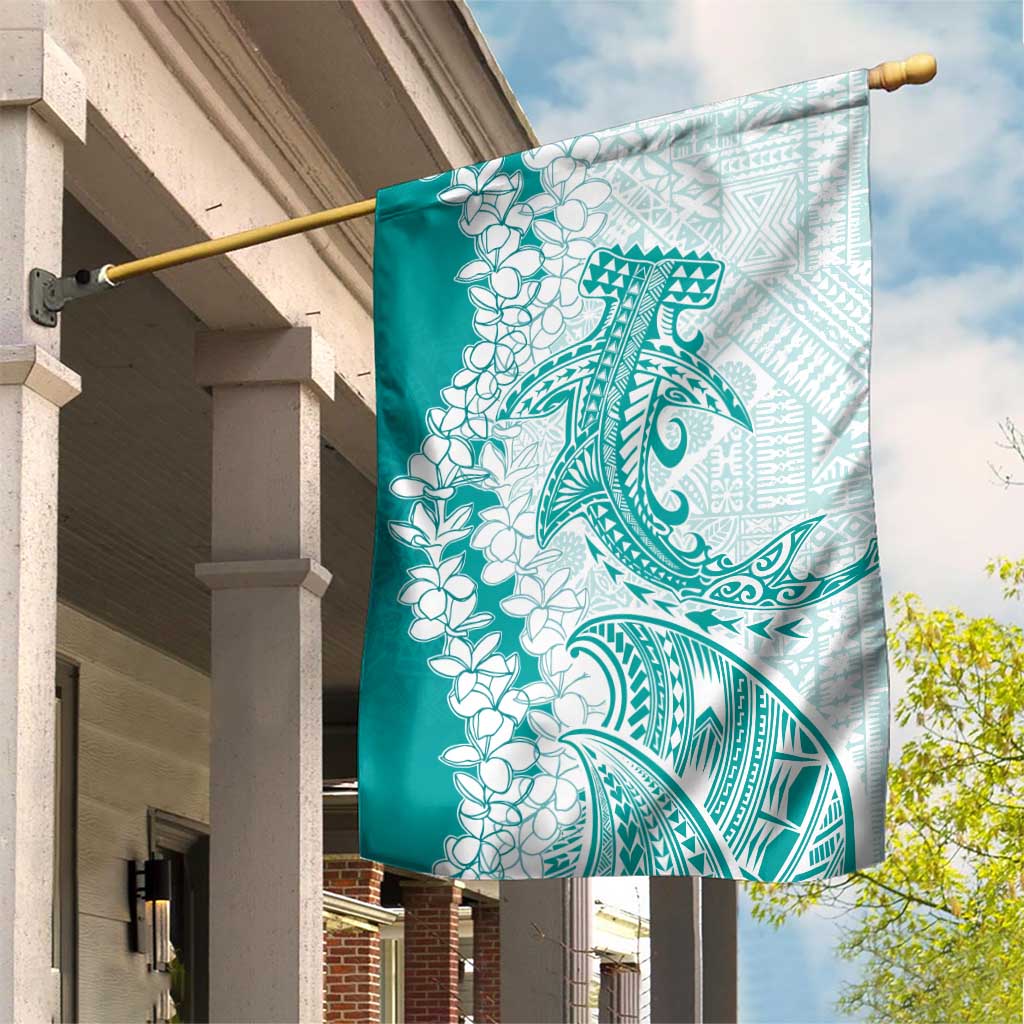 Polynesian Teal Plumeria Lei Garden Flag with Hammerhead Shark