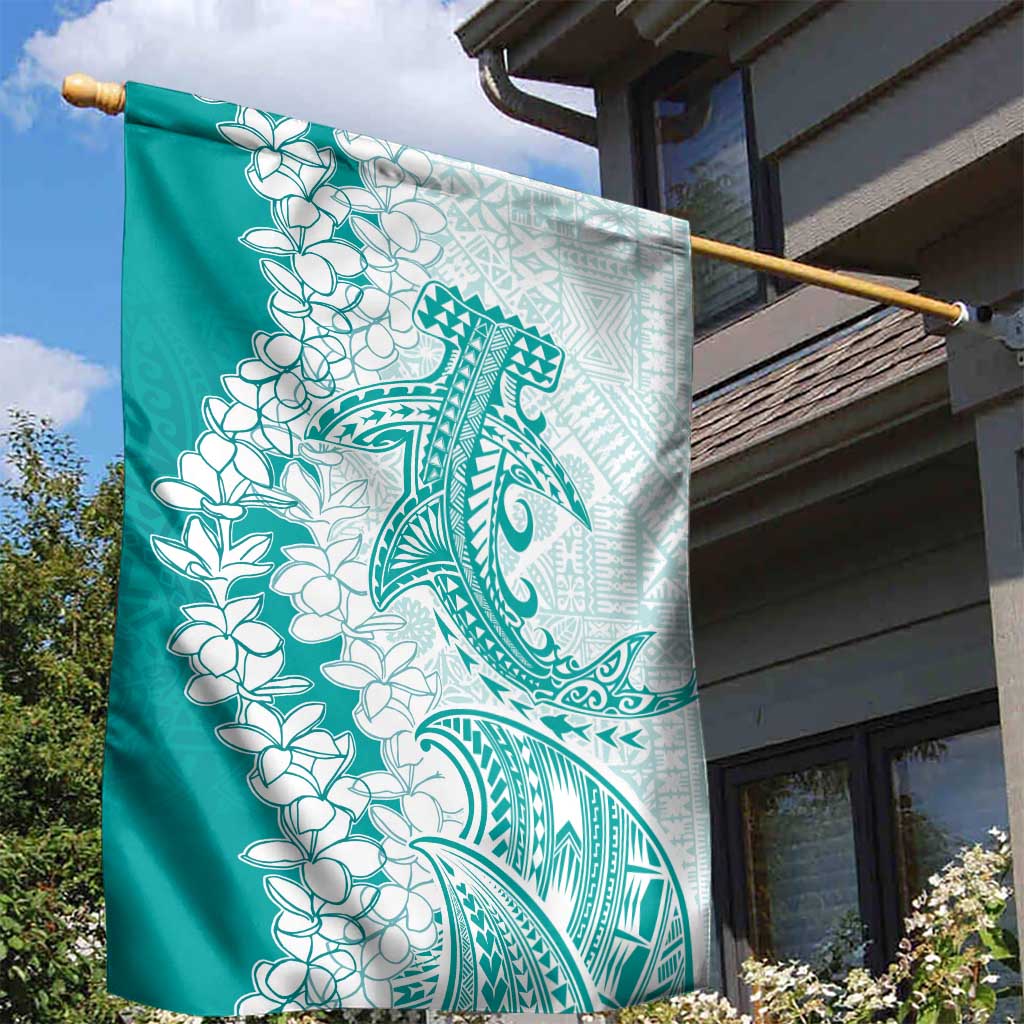Polynesian Teal Plumeria Lei Garden Flag with Hammerhead Shark LT7 - Polynesian Pride