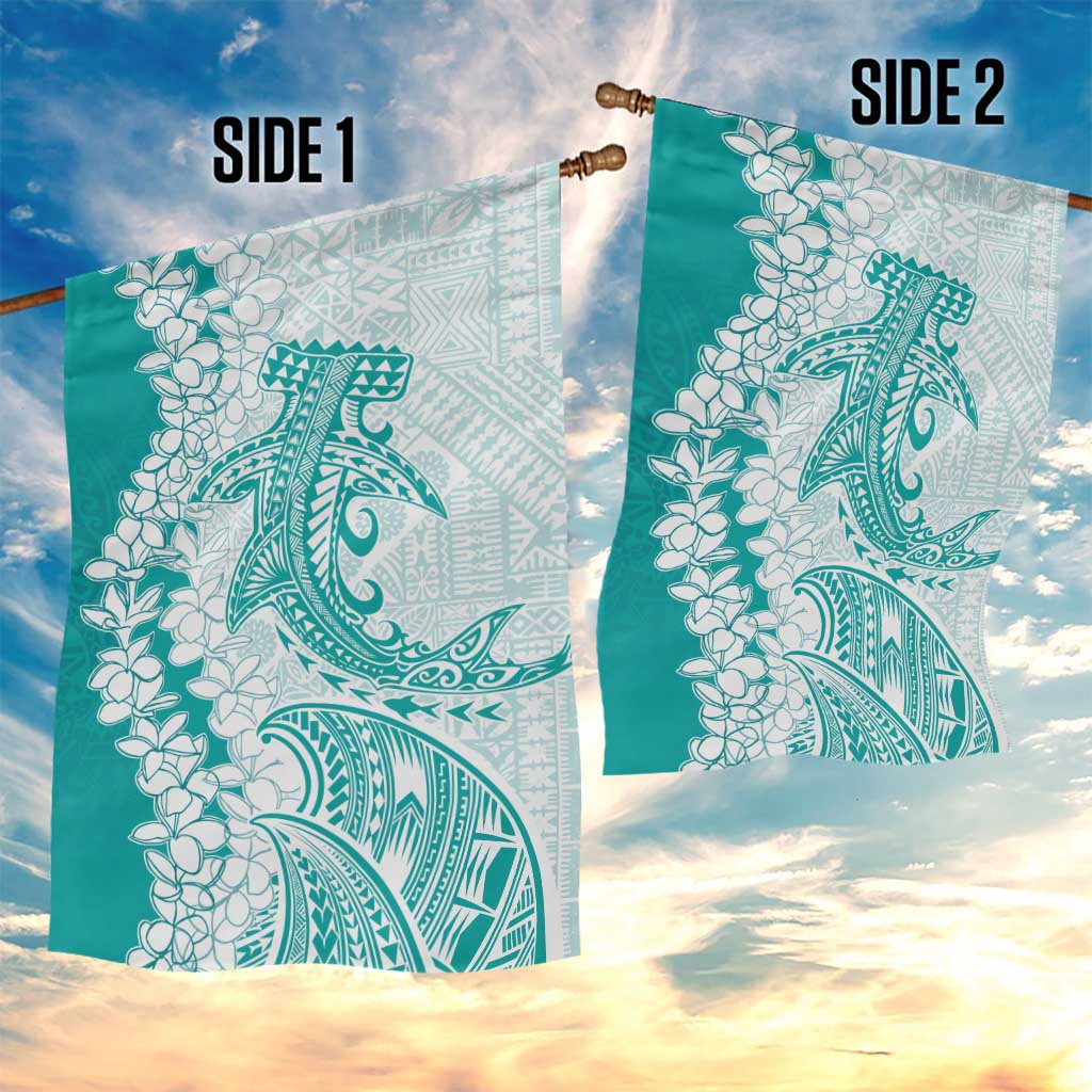 Polynesian Teal Plumeria Lei Garden Flag with Hammerhead Shark LT7 - Polynesian Pride