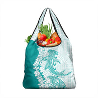 Polynesian Teal Plumeria Lei Grocery Bag with Hammerhead Shark