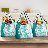 Polynesian Teal Plumeria Lei Grocery Bag with Hammerhead Shark