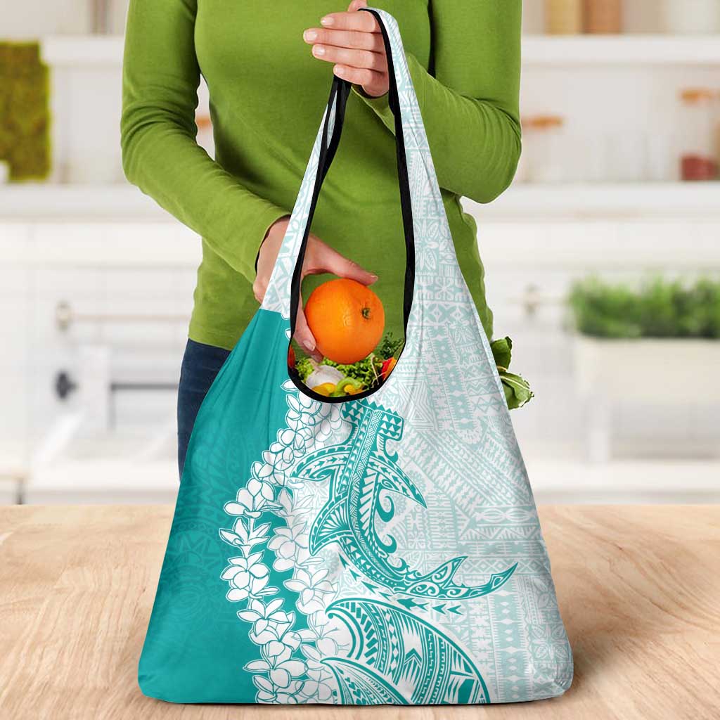 Polynesian Teal Plumeria Lei Grocery Bag with Hammerhead Shark