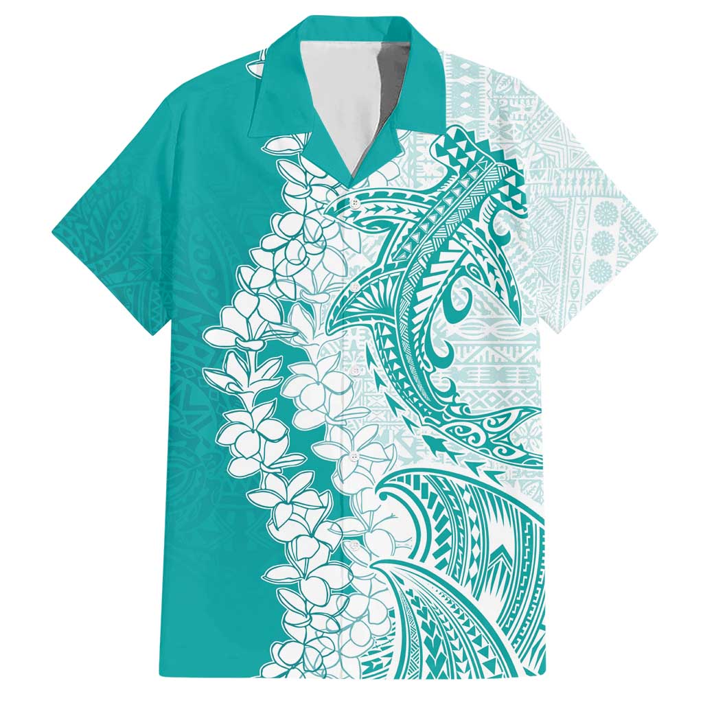Polynesian Teal Plumeria Lei Hawaiian Shirt with Hammerhead Shark LT7 Teal - Polynesian Pride