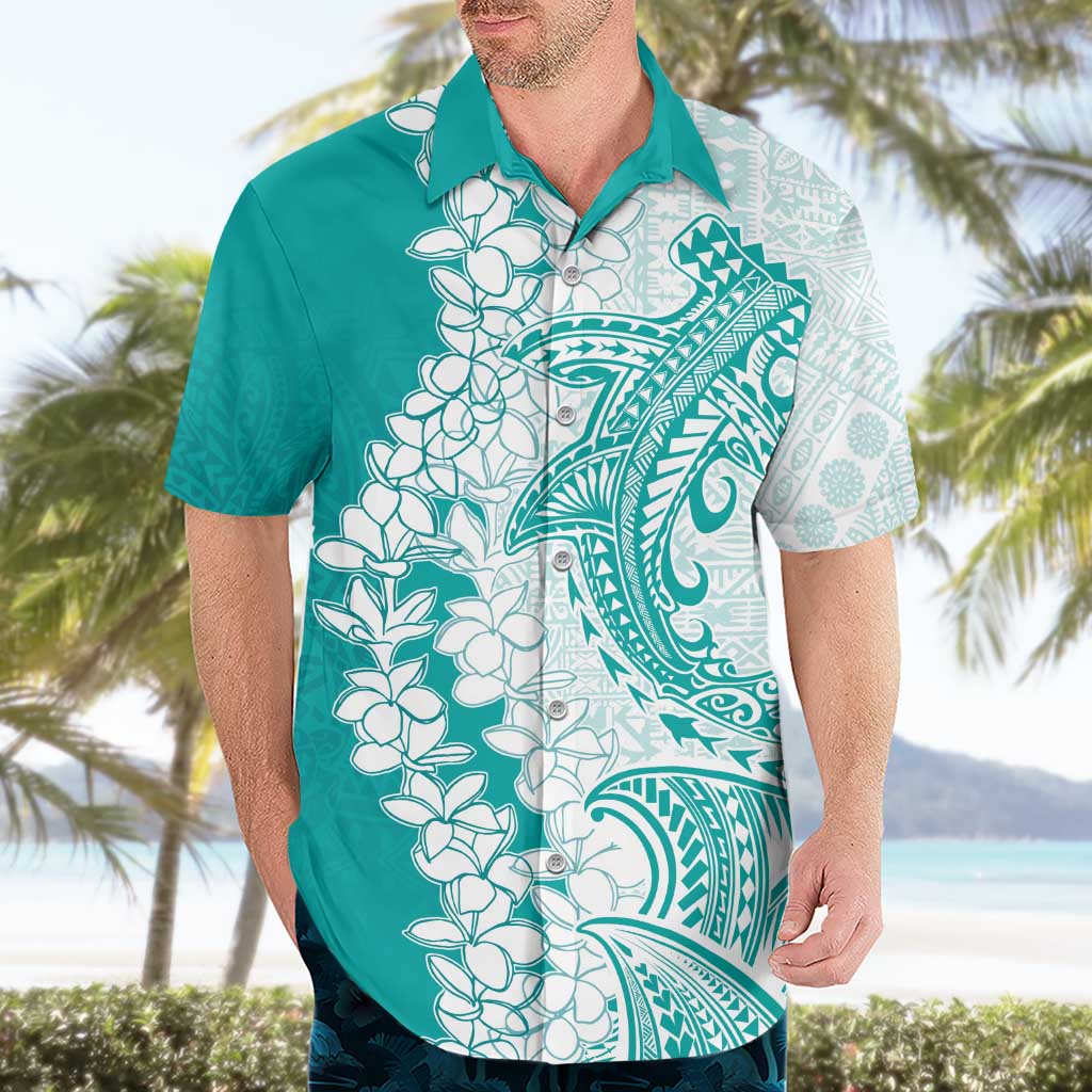Polynesian Teal Plumeria Lei Hawaiian Shirt with Hammerhead Shark LT7 - Polynesian Pride