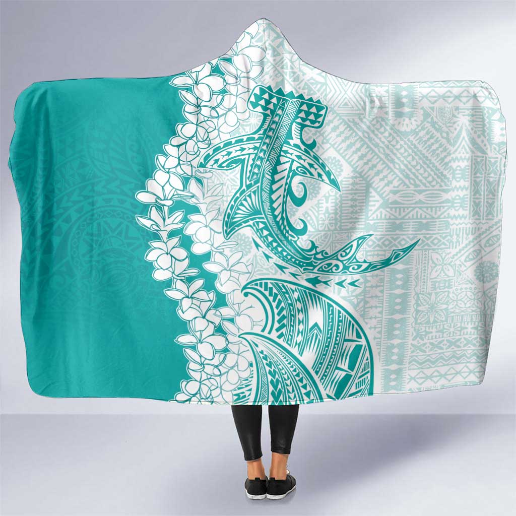 Polynesian Teal Plumeria Lei Hooded Blanket with Hammerhead Shark