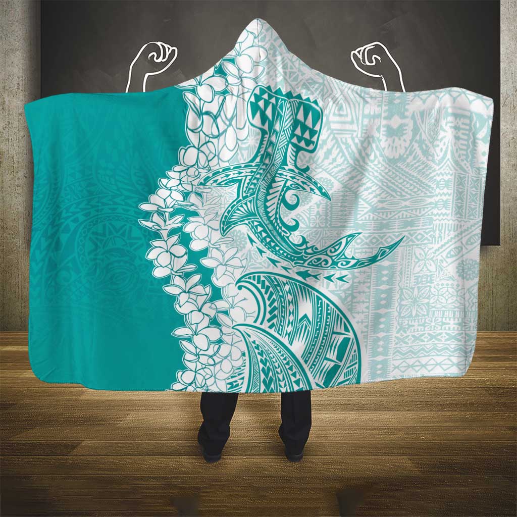 Polynesian Teal Plumeria Lei Hooded Blanket with Hammerhead Shark LT7 - Polynesian Pride