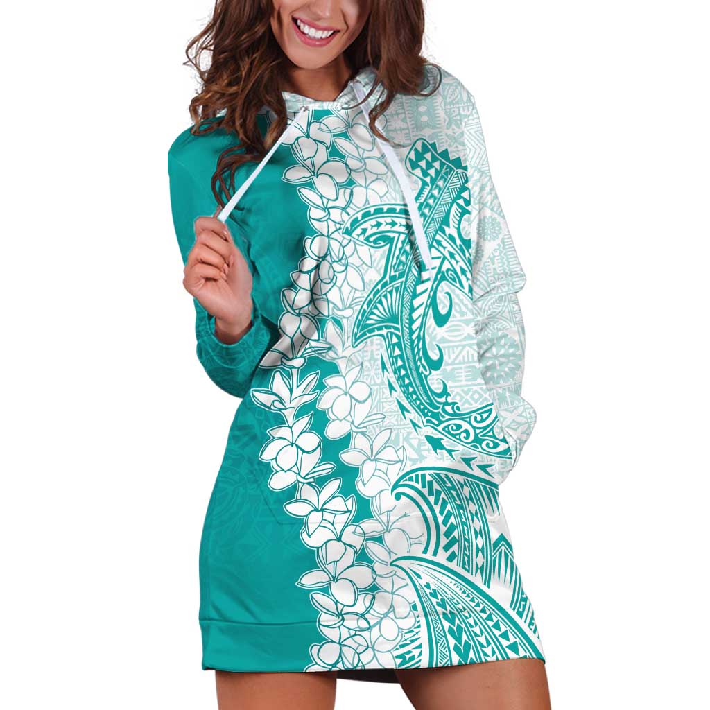 Polynesian Teal Plumeria Lei Hoodie Dress with Hammerhead Shark LT7 Teal - Polynesian Pride
