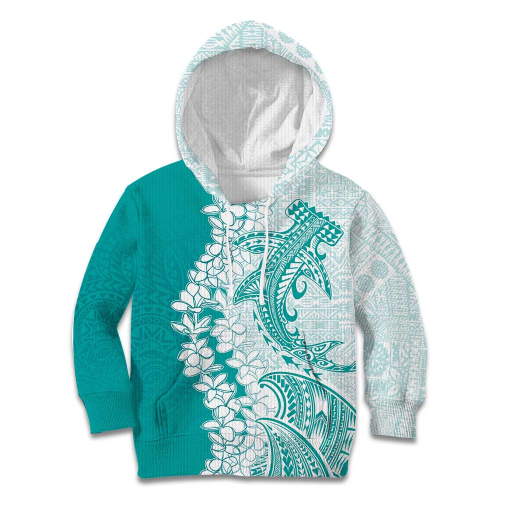 Polynesian Teal Plumeria Lei Kid Hoodie with Hammerhead Shark