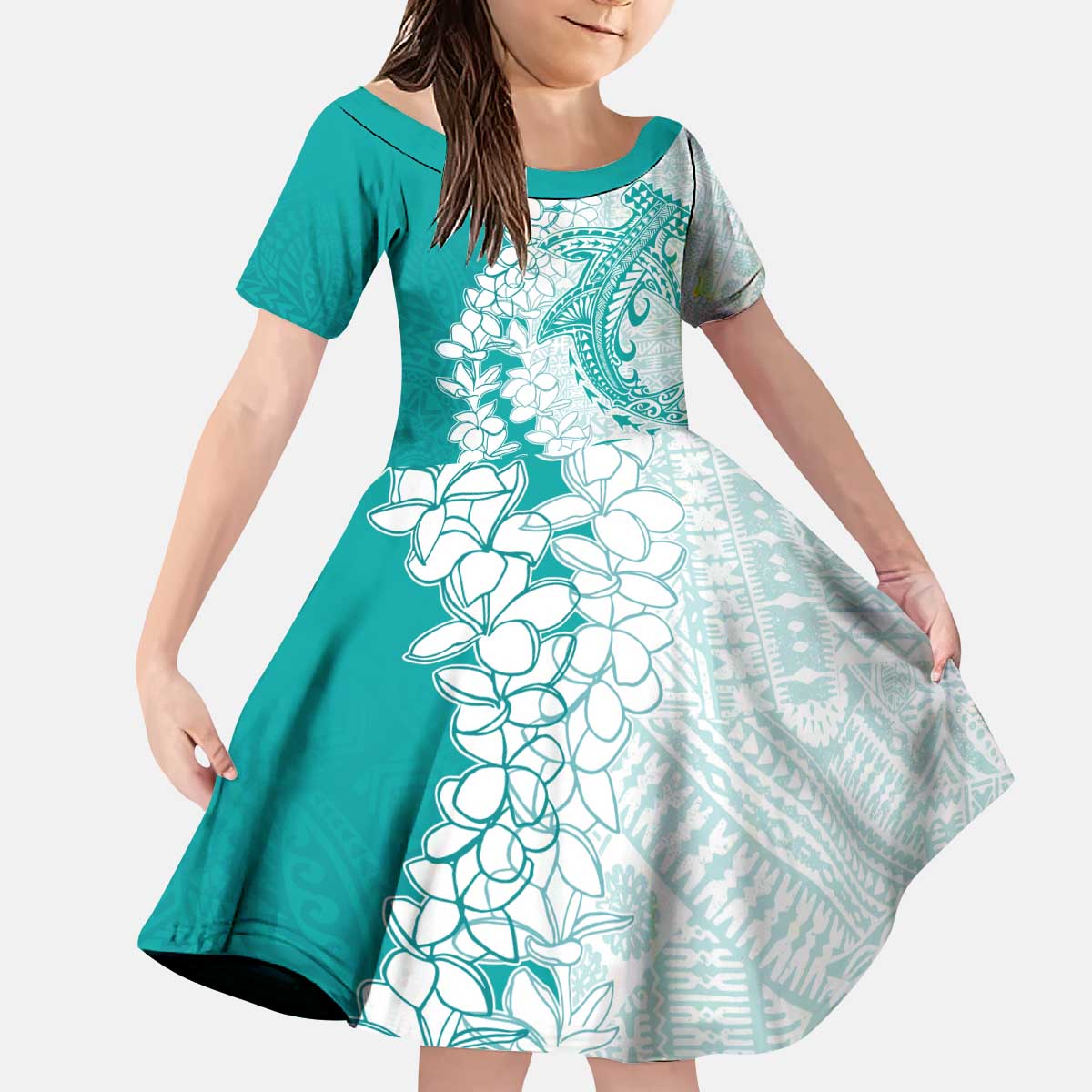 Polynesian Teal Plumeria Lei Kid Short Sleeve Dress with Hammerhead Shark