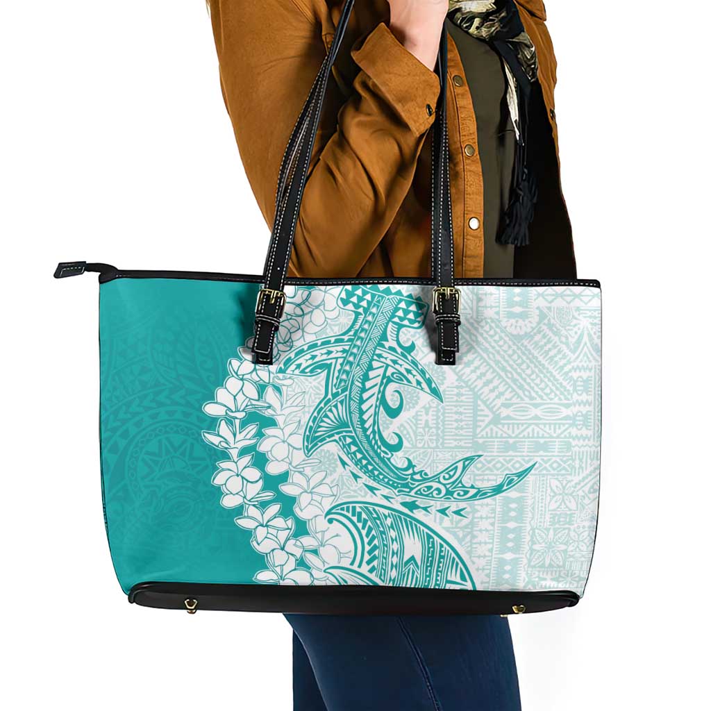 Polynesian Teal Plumeria Lei Leather Tote Bag with Hammerhead Shark LT7 - Polynesian Pride