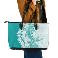 Polynesian Teal Plumeria Lei Leather Tote Bag with Hammerhead Shark LT7 - Polynesian Pride