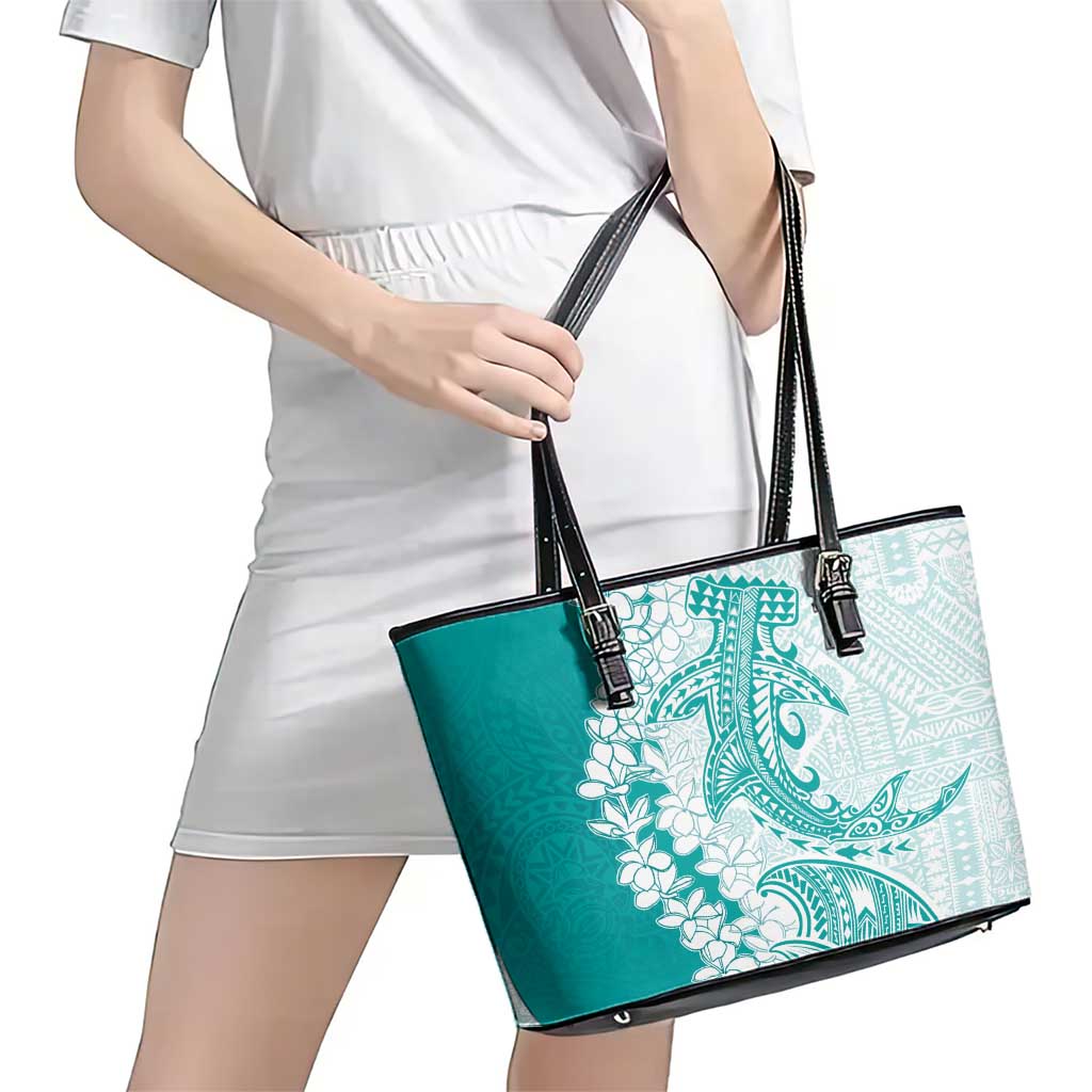 Polynesian Teal Plumeria Lei Leather Tote Bag with Hammerhead Shark LT7 - Polynesian Pride