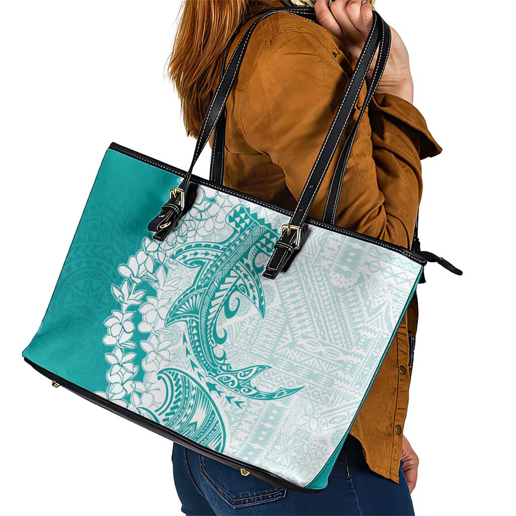 Polynesian Teal Plumeria Lei Leather Tote Bag with Hammerhead Shark LT7 - Polynesian Pride