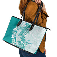 Polynesian Teal Plumeria Lei Leather Tote Bag with Hammerhead Shark LT7 - Polynesian Pride