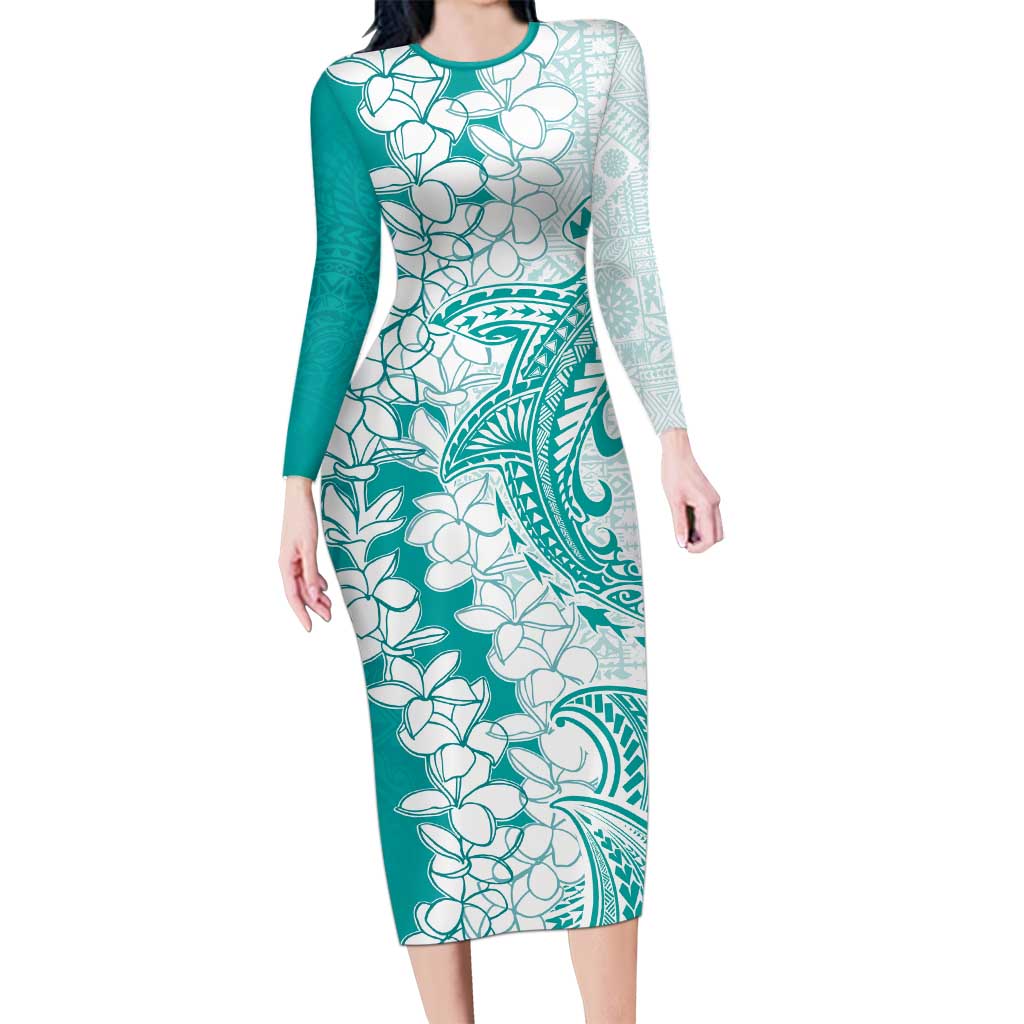 Polynesian Teal Plumeria Lei Long Sleeve Bodycon Dress with Hammerhead Shark