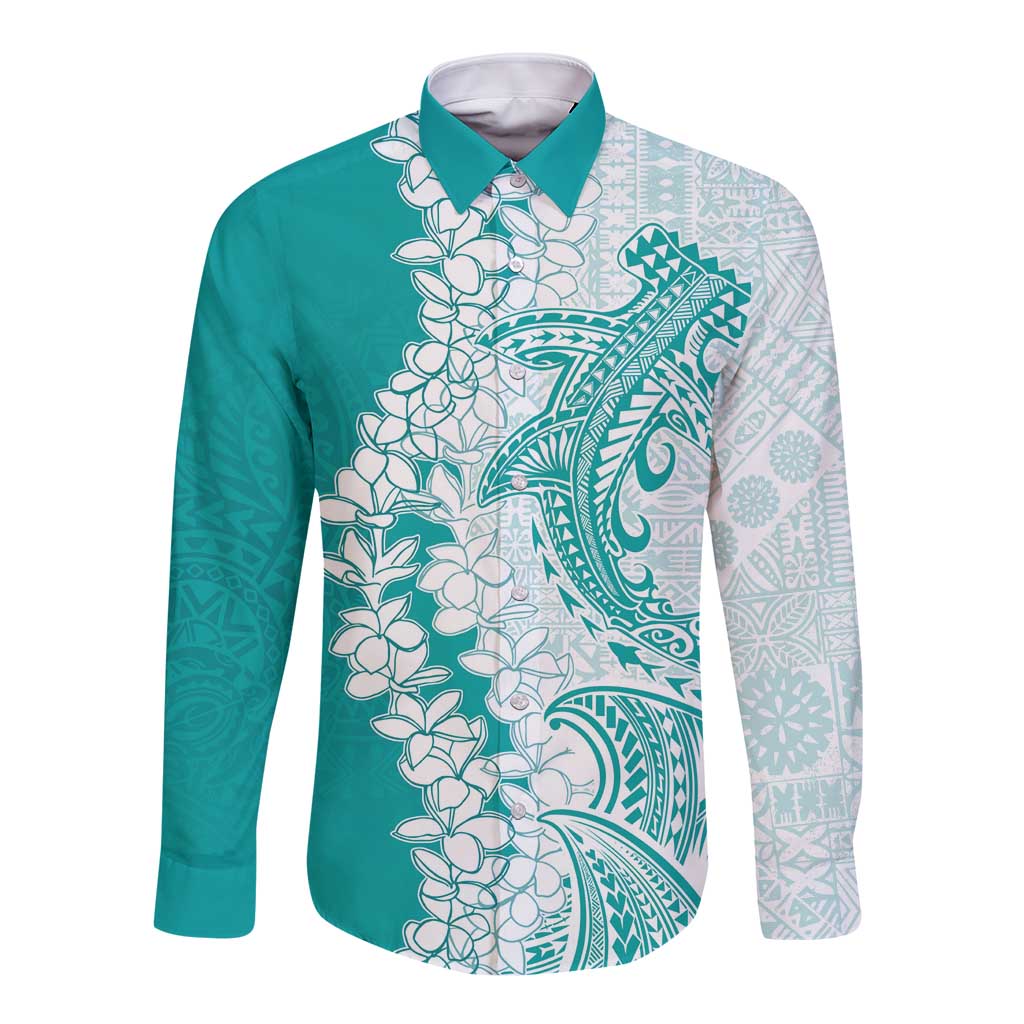 Polynesian Teal Plumeria Lei Long Sleeve Button Shirt with Hammerhead Shark