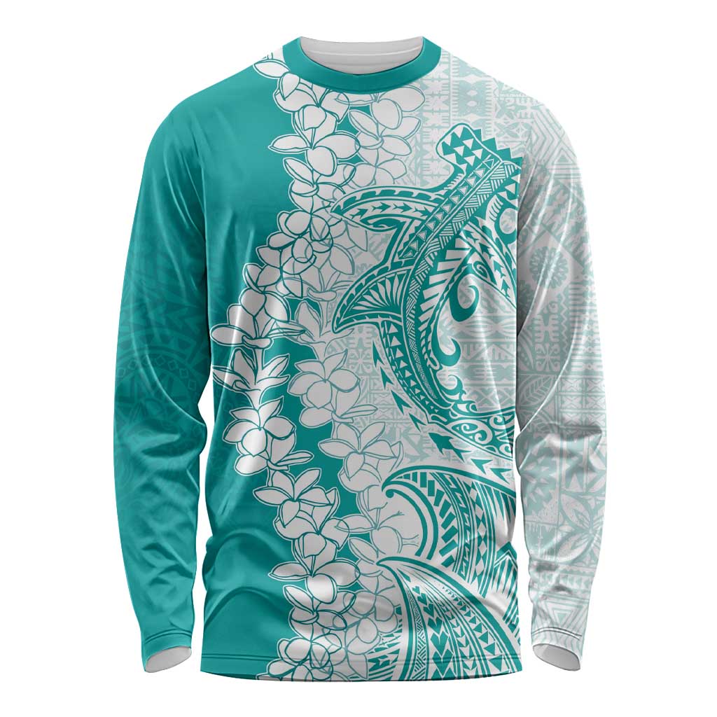 Polynesian Teal Plumeria Lei Long Sleeve Shirt with Hammerhead Shark