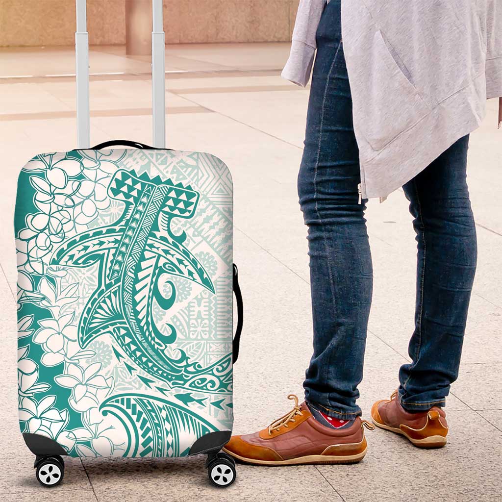 Polynesian Teal Plumeria Lei Luggage Cover with Hammerhead Shark