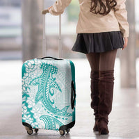 Polynesian Teal Plumeria Lei Luggage Cover with Hammerhead Shark