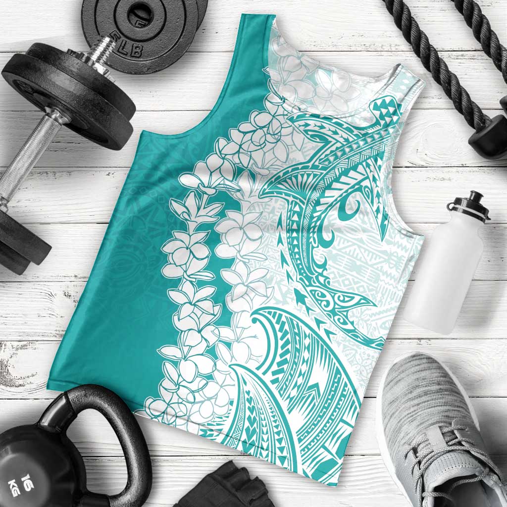 Polynesian Teal Plumeria Lei Men Tank Top with Hammerhead Shark LT7 - Polynesian Pride