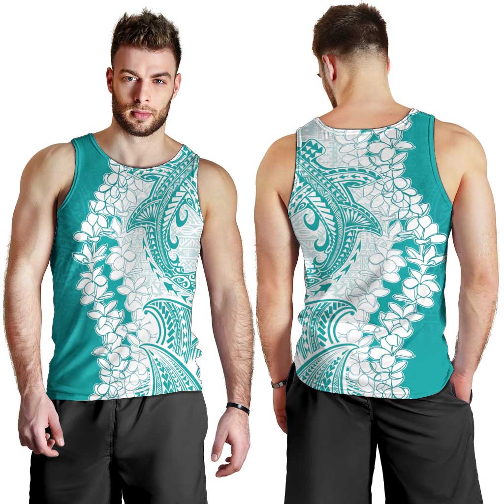 Polynesian Teal Plumeria Lei Men Tank Top with Hammerhead Shark LT7 - Polynesian Pride