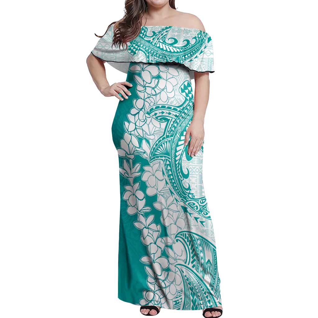 Polynesian Teal Plumeria Lei Off Shoulder Maxi Dress with Hammerhead Shark LT7 Women Teal - Polynesian Pride