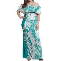 Polynesian Teal Plumeria Lei Off Shoulder Maxi Dress with Hammerhead Shark LT7 Women Teal - Polynesian Pride