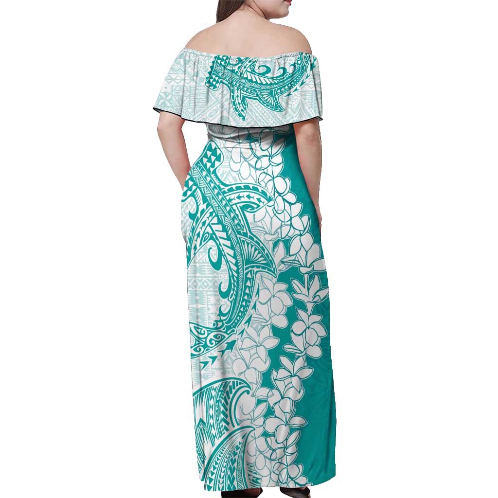 Polynesian Teal Plumeria Lei Off Shoulder Maxi Dress with Hammerhead Shark LT7 - Polynesian Pride