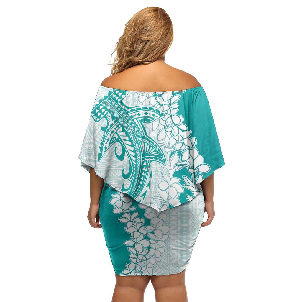 Polynesian Teal Plumeria Lei Off Shoulder Short Dress with Hammerhead Shark LT7 - Polynesian Pride
