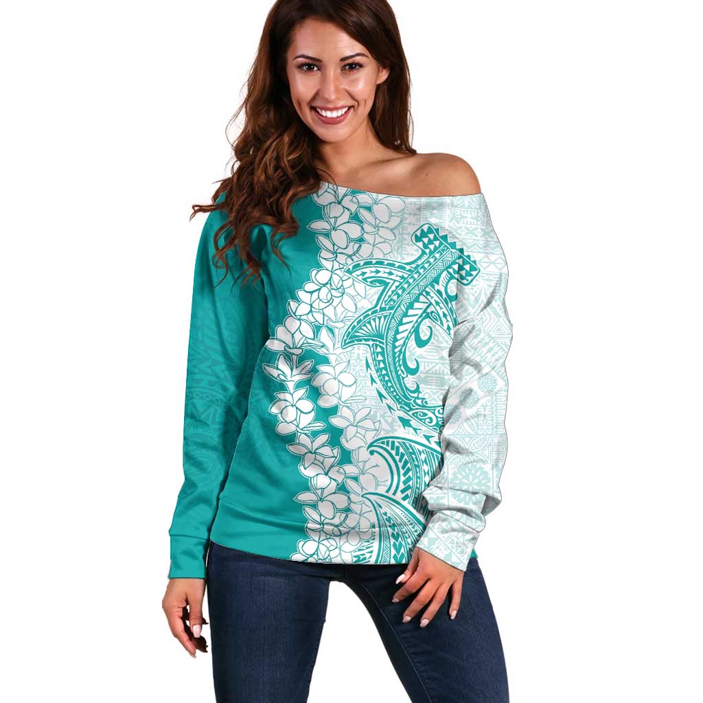 Polynesian Teal Plumeria Lei Off Shoulder Sweater with Hammerhead Shark