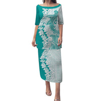 Polynesian Teal Plumeria Lei Puletasi with Hammerhead Shark LT7 Long Dress Teal - Polynesian Pride