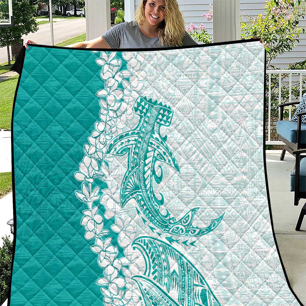 Polynesian Teal Plumeria Lei Quilt with Hammerhead Shark