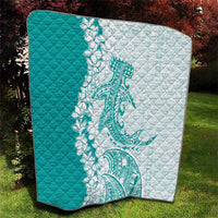 Polynesian Teal Plumeria Lei Quilt with Hammerhead Shark