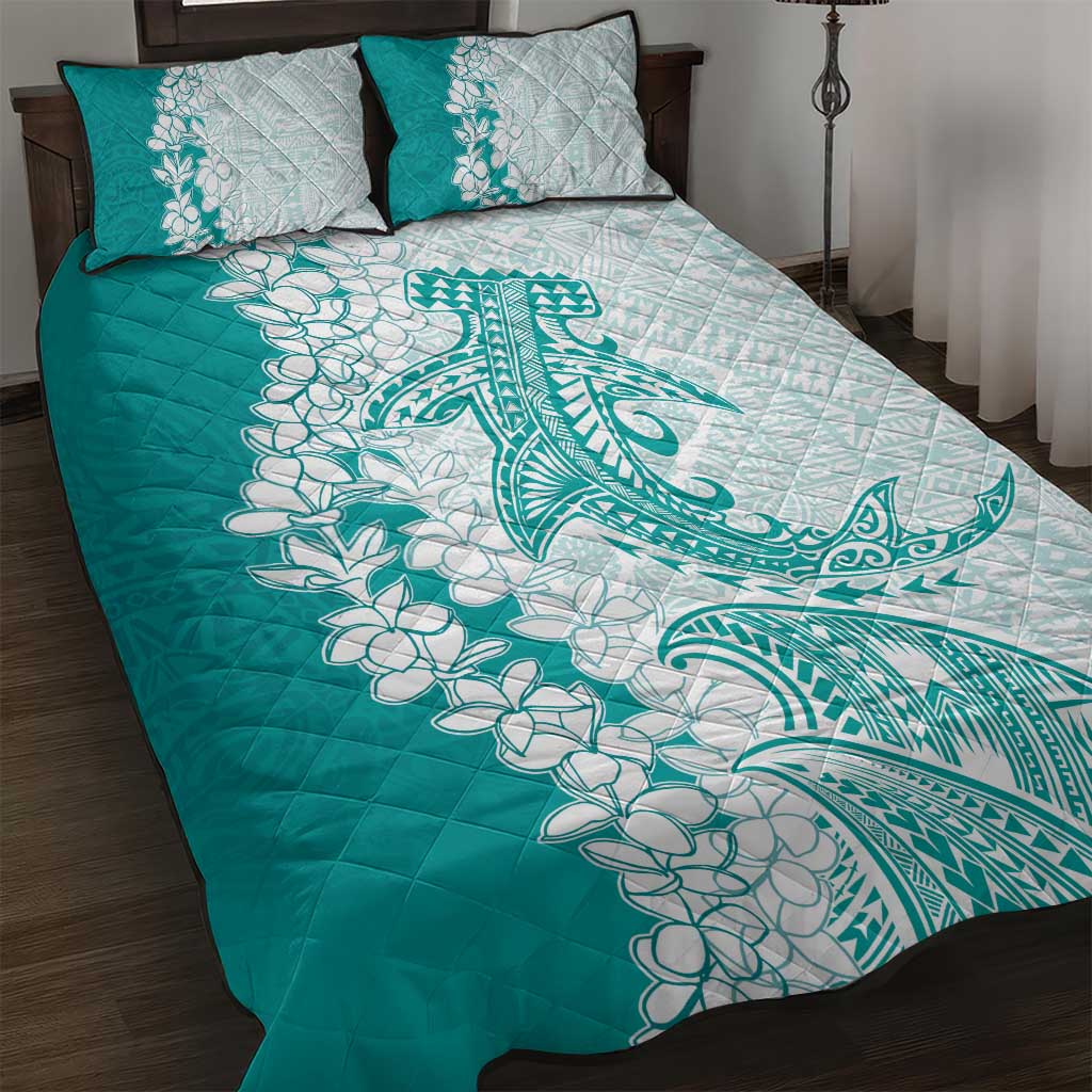 Polynesian Teal Plumeria Lei Quilt Bed Set with Hammerhead Shark