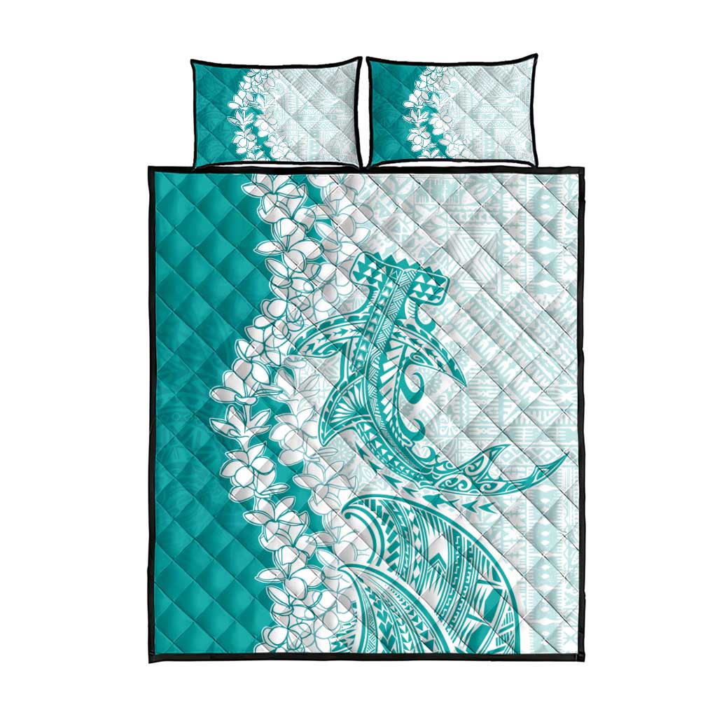 Polynesian Teal Plumeria Lei Quilt Bed Set with Hammerhead Shark LT7 - Polynesian Pride