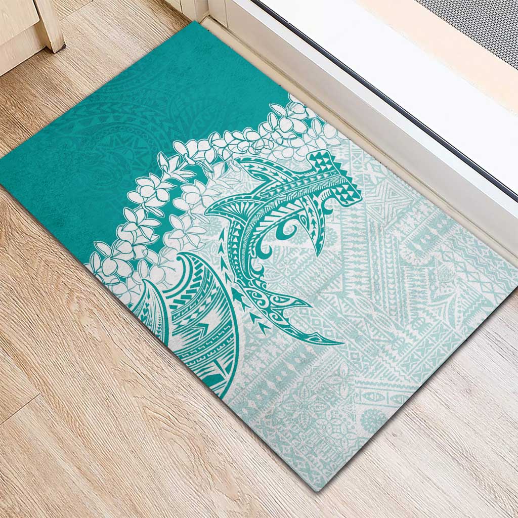 Polynesian Teal Plumeria Lei Rubber Doormat with Hammerhead Shark LT7 - Polynesian Pride
