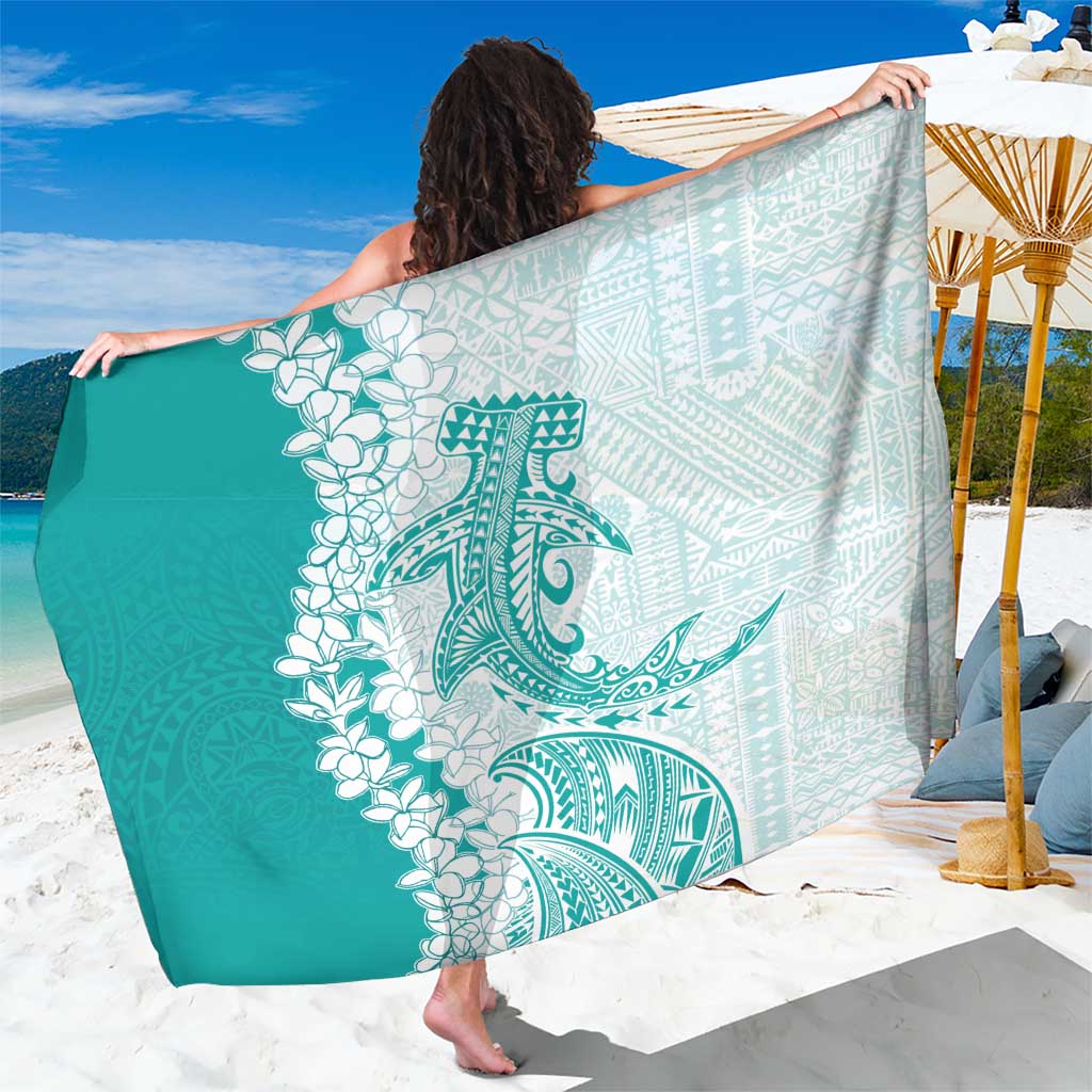 Polynesian Teal Plumeria Lei Sarong with Hammerhead Shark