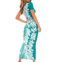 Polynesian Teal Plumeria Lei Short Sleeve Bodycon Dress with Hammerhead Shark