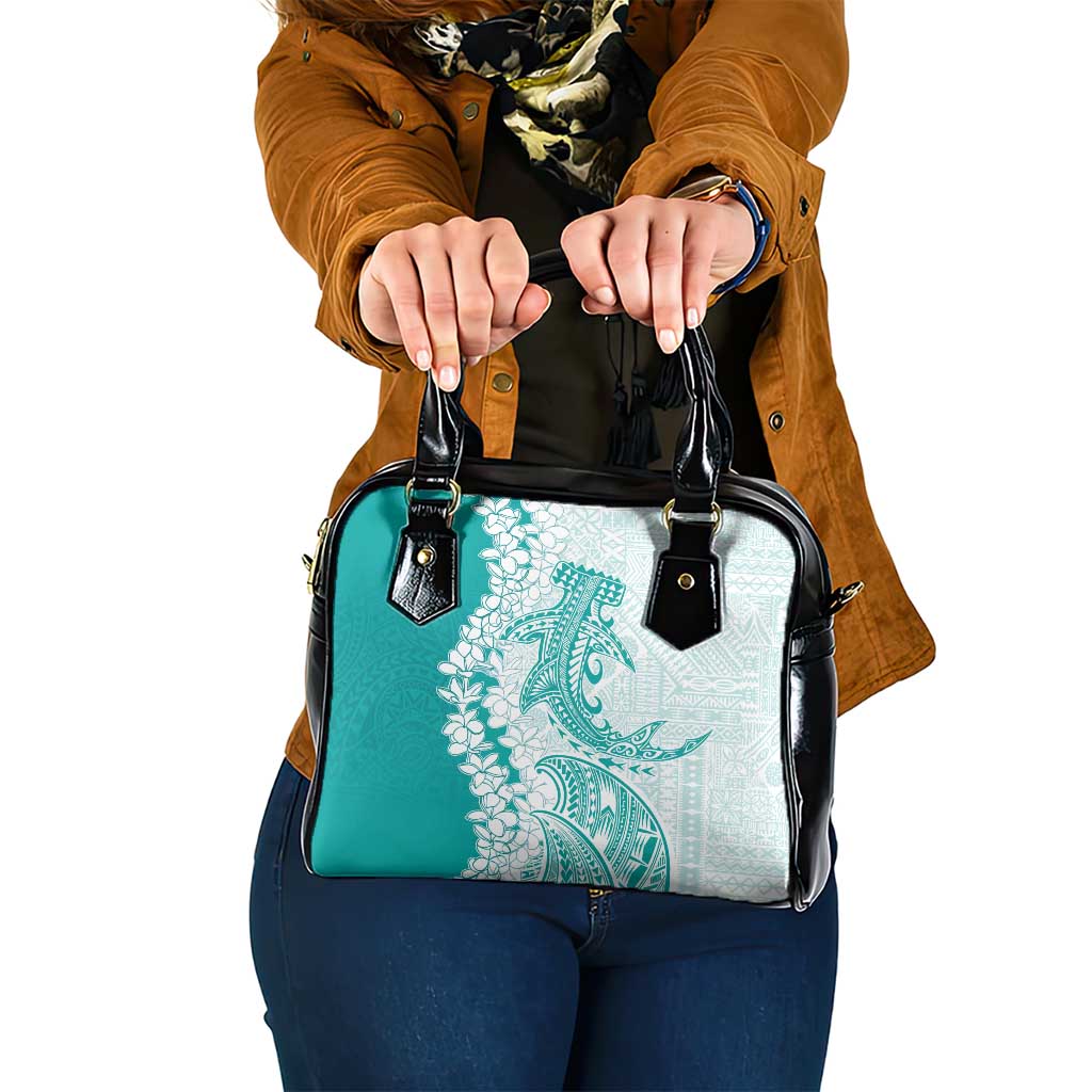 Polynesian Teal Plumeria Lei Shoulder Handbag with Hammerhead Shark