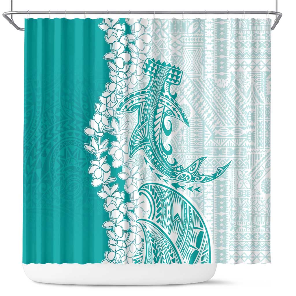 Polynesian Teal Plumeria Lei Shower Curtain with Hammerhead Shark