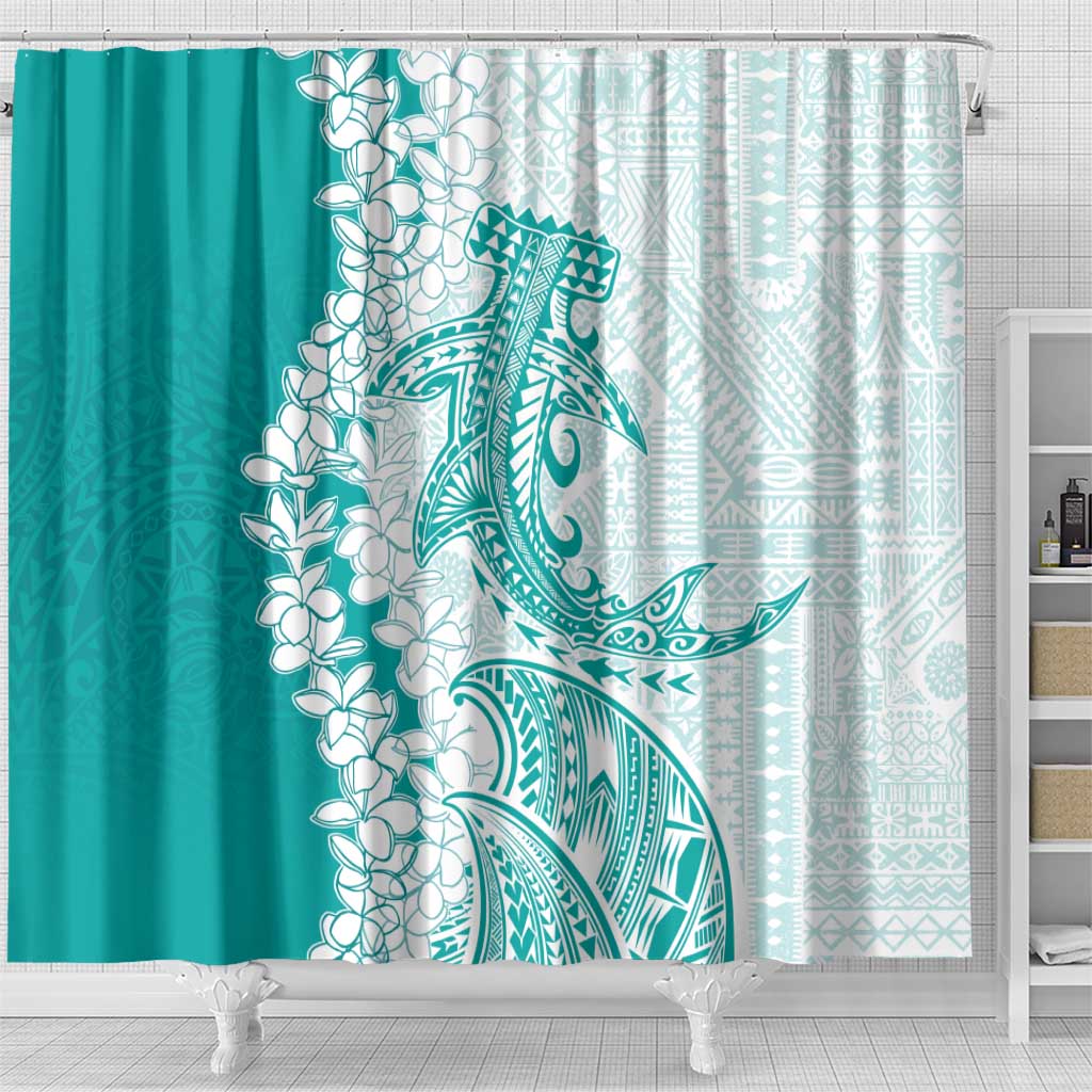 Polynesian Teal Plumeria Lei Shower Curtain with Hammerhead Shark
