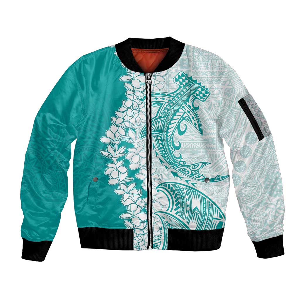 Polynesian Teal Plumeria Lei Sleeve Zip Bomber Jacket with Hammerhead Shark