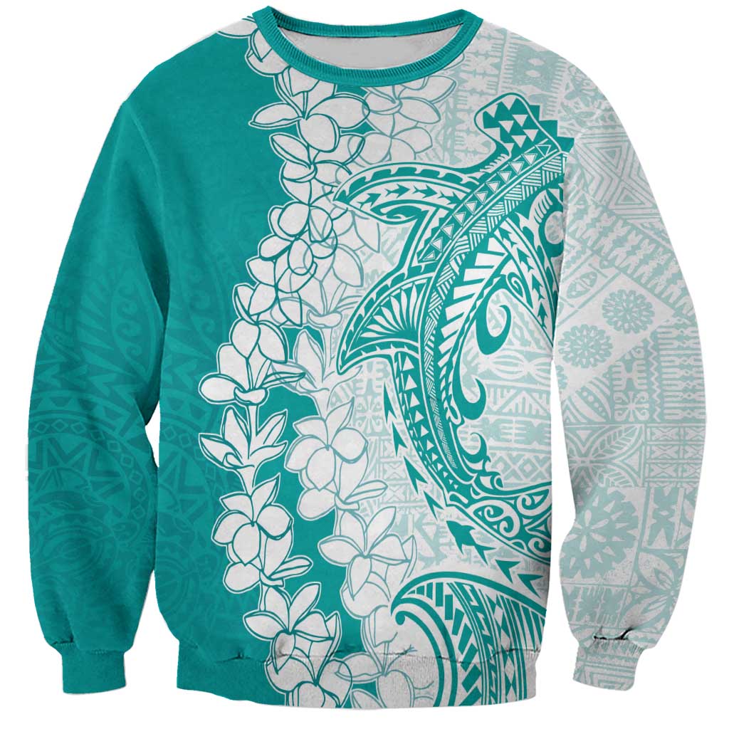 Polynesian Teal Plumeria Lei Sweatshirt with Hammerhead Shark LT7 Unisex Teal - Polynesian Pride