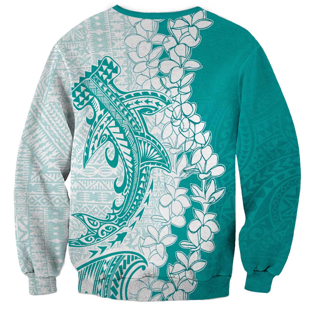 Polynesian Teal Plumeria Lei Sweatshirt with Hammerhead Shark LT7 - Polynesian Pride