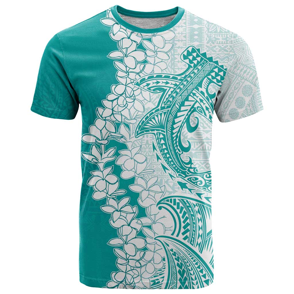 Polynesian Teal Plumeria Lei T Shirt with Hammerhead Shark