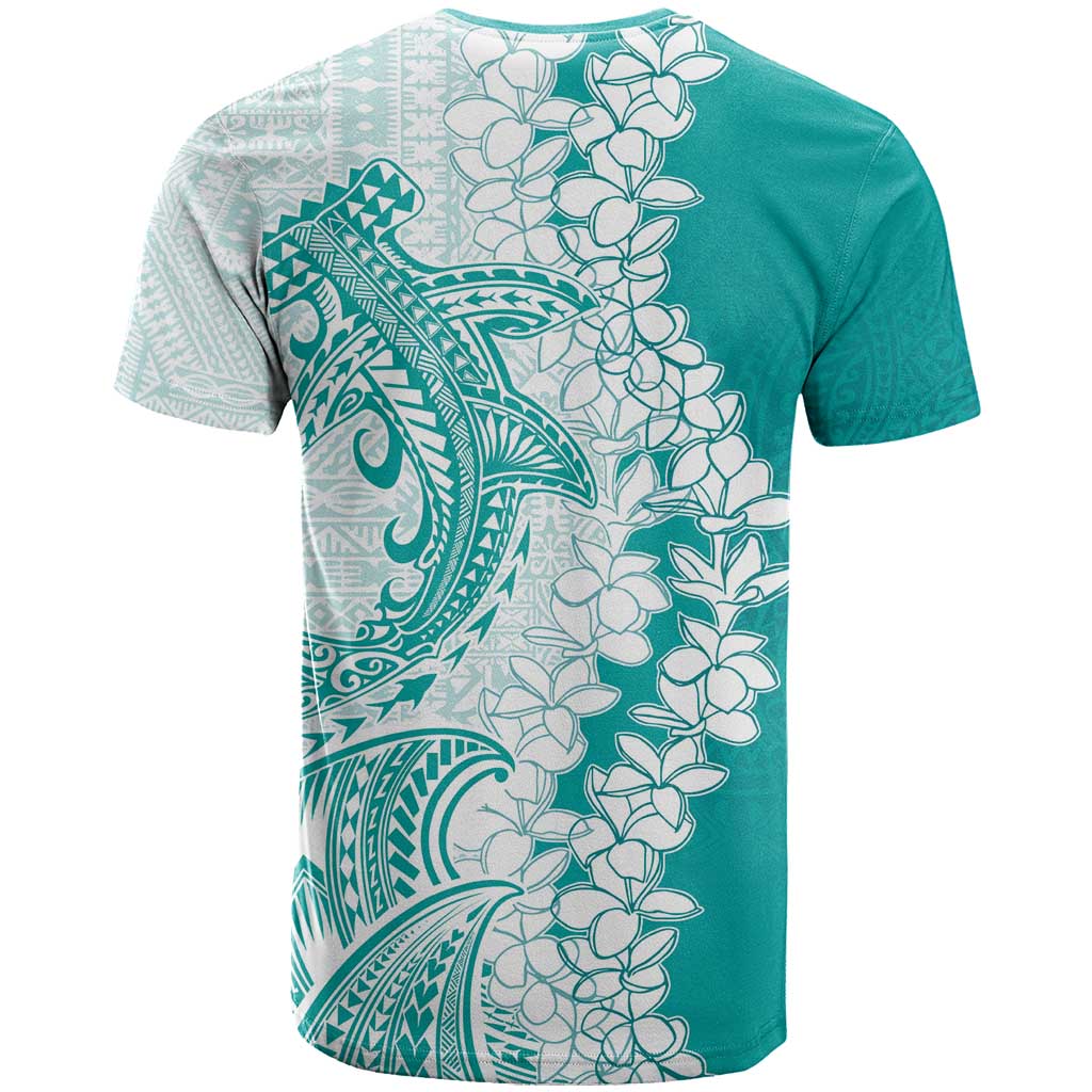 Polynesian Teal Plumeria Lei T Shirt with Hammerhead Shark LT7 - Polynesian Pride